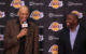 Kareem Abdul-Jabbar and Magic Johnson share a laugh at Byron Scott Lakers press conference (2014). © Oliver Petalver / TheDailySportsHerald. Attribution-NonCommercial-NoDer ivs Creative Commons