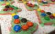 Christmas tree cookies with royal icing and M&Ms