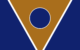 Flag of New Atlantis: an orange-brown triangle pointing downward, with a white border and a navy blue circle in the middle, set against a navy blue rectangle. Hyméros, CC BY-SA 4.0 https://creativecommons.org/licenses/by-sa/4.0, via Wikimedia Commons.