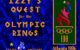 Title screen for "Izzy's Quest for the Olympic Rings" showing Izzy preparing to run toward a stylized Olympic torch, with the name of the game written in Greek-like letters, all over a blue background.