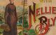 Close up of the cover of the "Around The World with Nellie Bly" board game, featuring an illustration of Bly carrying her one bag. (National Portrait Gallery, Smithsonian Institution; gift of Amy Parker and David Lawler, https://www.si.edu/object/round-world-nellie-bly:npg_NPG.2017.111)