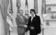 President Richard Nixon (left) shakes hands with Elvis Presley in the Oval Office on December 21, 1970. White House photograph by Ollie Atkins, via Wikicommons https://en.wikipedia.org/wiki/Elvis_%26_Nixon#/media/File:Elvis-nixon.jpg